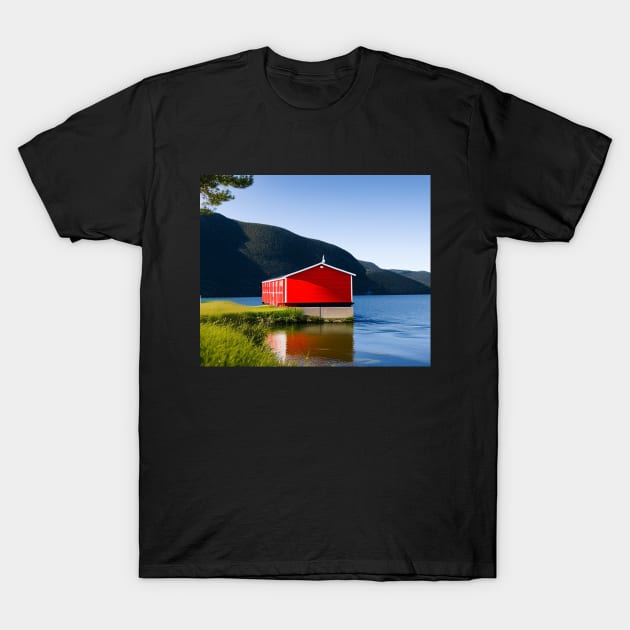 Red Boathouse on Lake T-Shirt by MtWoodson